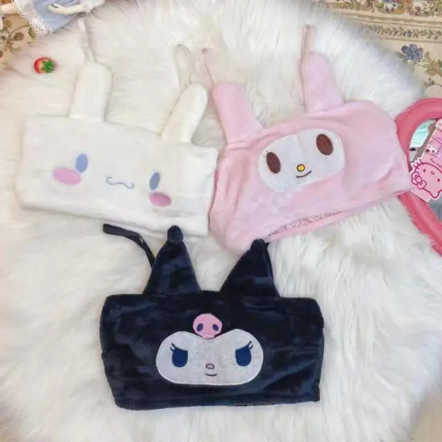 New cartoon Kuromi My Melody Cinnamoroll Sexy Pajamas Hot Girls Flannel Cartoon Fluffy Suspender Pajamas Shorts Set Girls Gift