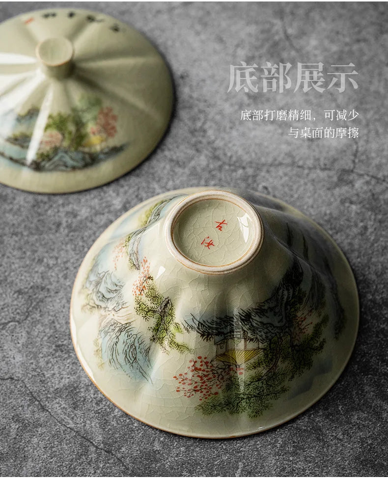 Jingdezhen-Ceramic Tea Cup with Bamboo Hat, Traditional Handmade Tea Ware, Single Bowl, Kung Fu Tea with Lid, Sancai Gaiwan