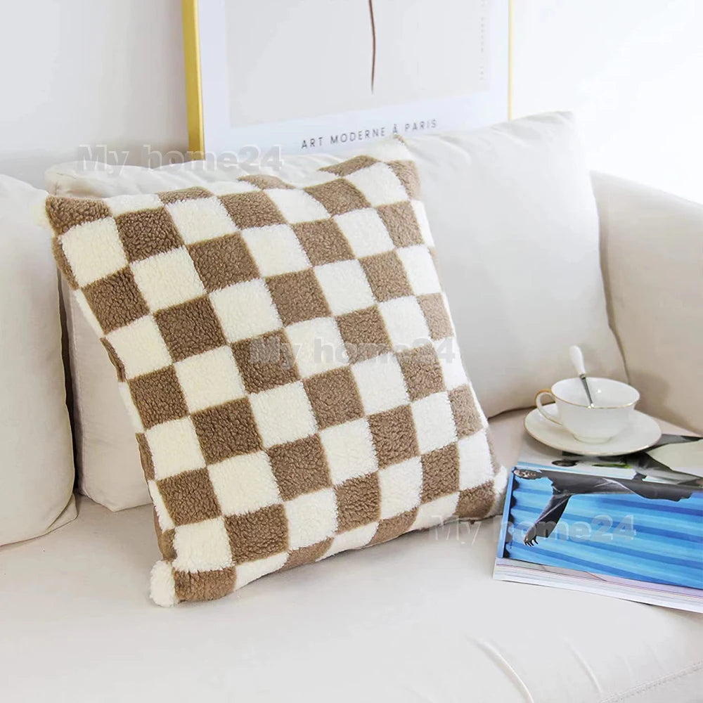 1Pc 45*45cm 50*50cm Checkerboard Plaid Plush Cushion Cover Knitted Car Sofa Throw Pillow Cover Short Fleece Pillowcase Cushion