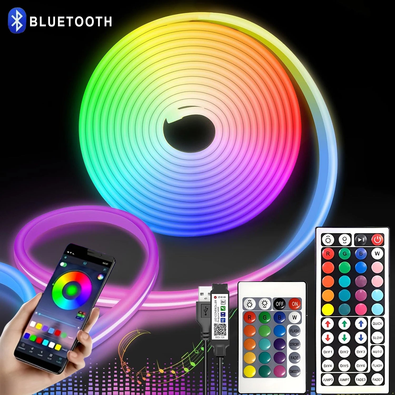 5V USB RGB Neon LED Strip Light 1M 2M 3M 4M 5M LED Neon Strip With App and 44key Remote Control For Home Decor Lights