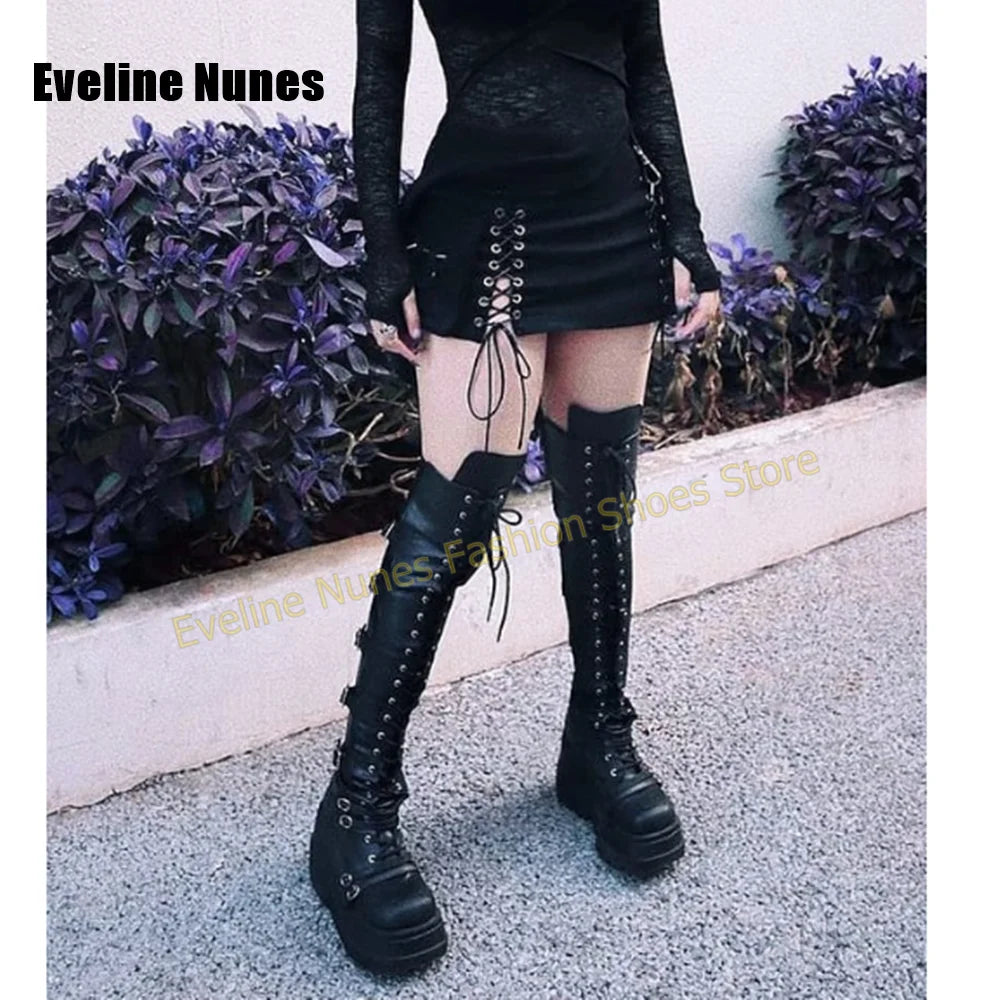 Y2K Alt Punk Over Knee Platform Boots Multi Metal Buckle Lace up