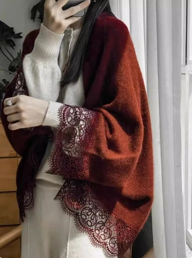 Popular Lace Edge 100% Wool Knitted Shawl Spring Autumn Thin Women's Soft, Skin friendly, Breathable, and Fashionable Cardigan