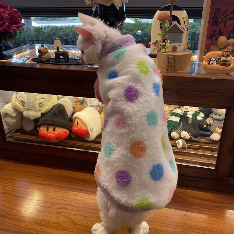 Thick Vest With Polka Dot for Devon Rex in Winter Warm Cmfortable Fleece Sweatshirt for Sphinx Cat Sweet Party Costumes for Pet