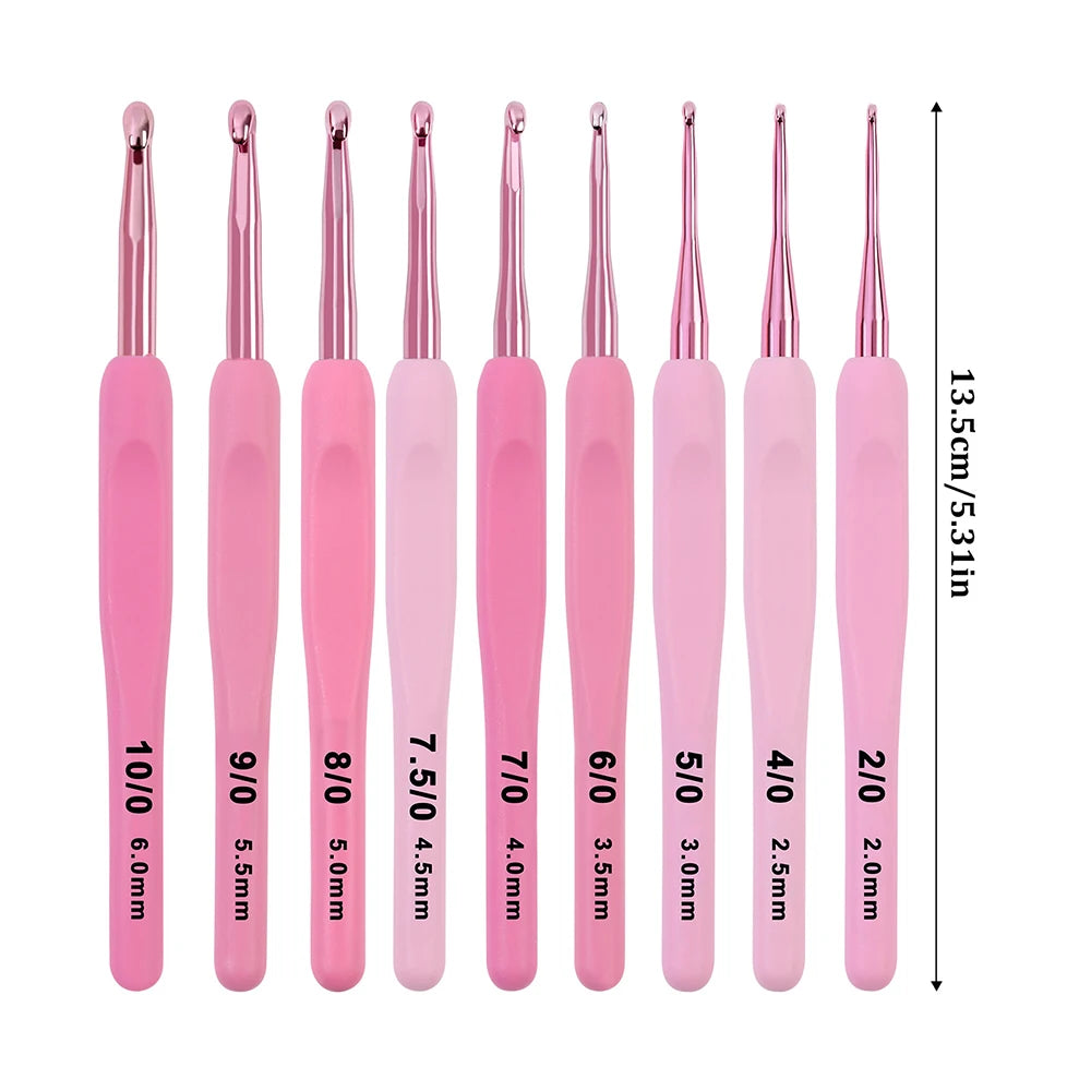 9pcs/set 2.0mm-6mm Pink Gradient Aluminum Crochet Hooks Ergonomic Soft Handle Crochet with Case Crochet Kit for Beginners