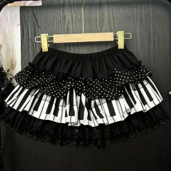French Elegant Y2K Piano Print Ruffle Lace Mini Skirt Female Retro