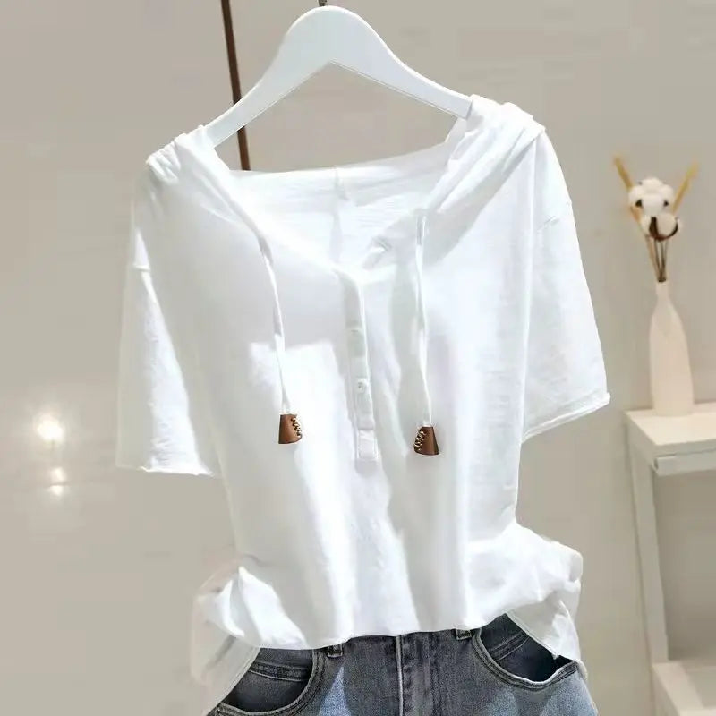 98% Cotton T Shirt Women Fashion Hooded Short-sleeved T-shirt 2025 Spring Summer Korean Style Loose Thin All-match Pullover Tops