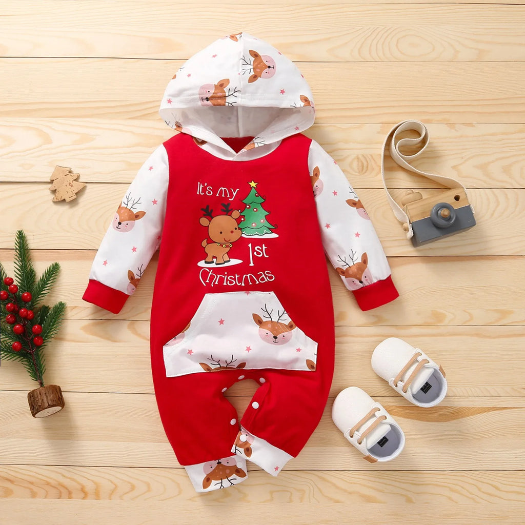 Autumn Baby Girl Deer Print Christmas Jumpsuit Long-Sleeved Front
