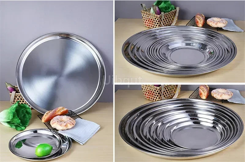 Thick Stainless Steel Plate round Large Disc Flat Bottom Shallow tray Extra Large Fish Head fruite meat Plate Restaurant Hotel