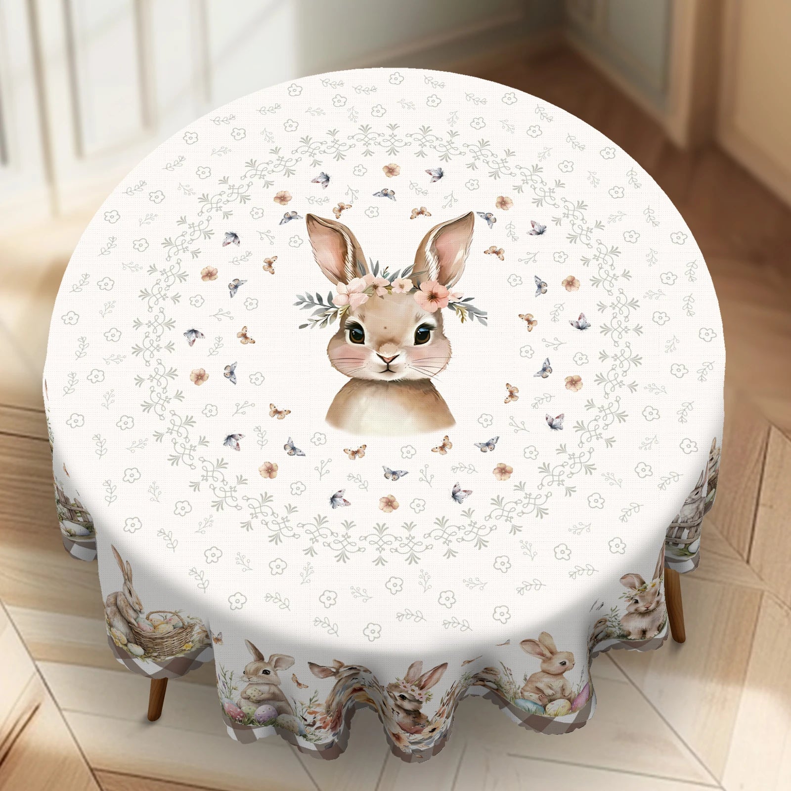 Cute Easter Themed Grey Rabbit Tablecloth - 1pc Spring Floral Print with Embossed Edge, Spring Outdoor Garden