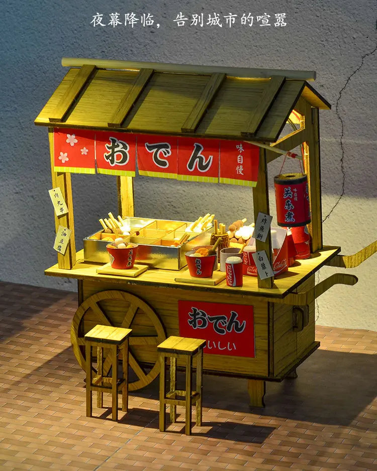 16 DIYJapanese Chinese style handmade wooden doll house Oden cooking car stall creative birthday gift collector decoration
