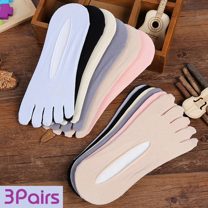 3 Pairs/Lot Five Finger Summer Invisible Toe Cotton Thin Solid Soft Shallow Mouth Breathable Deodorant No Show Woman's Socks