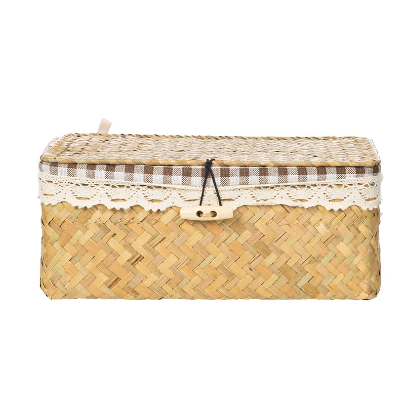 Wicker Basket with Lids Nautral Seagrass Storage Box Basket Woven Rectangular Bins Container Rattan Storage Kitchen Organizer