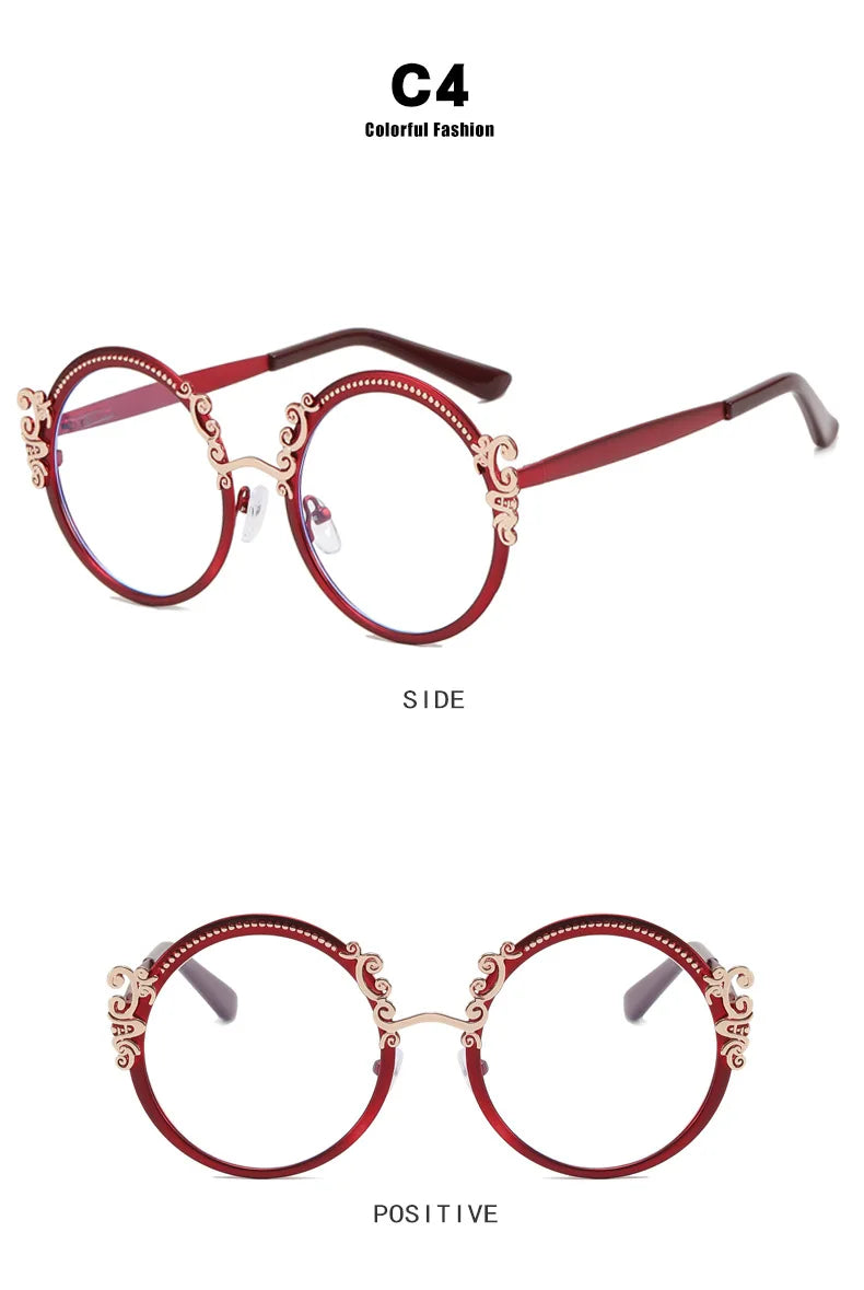Gold Clear Carving Round Reading Glasses Women Unique Vintage Prescription Eyeglasses Metal Frame Blue Light Blocking Glasses
