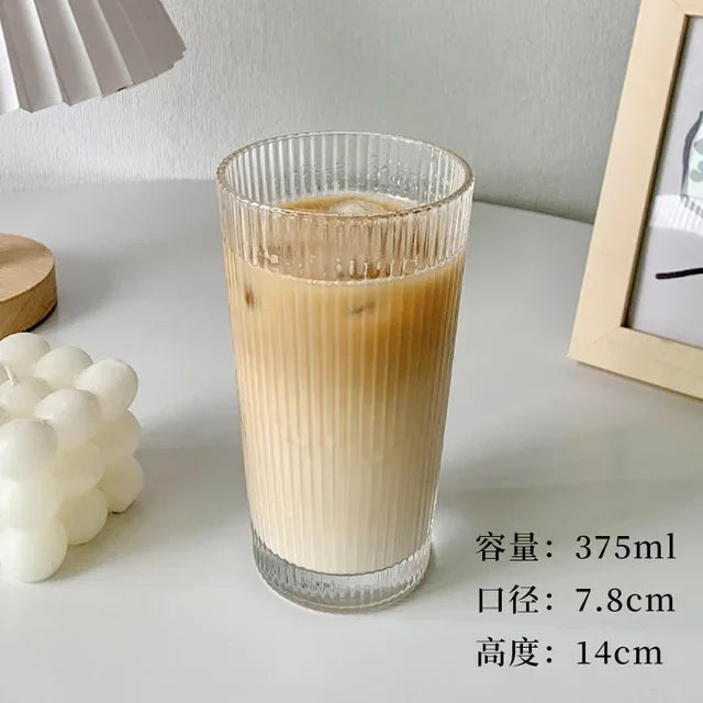 Transparent Coffee Mugs Simple Stripe Glass Cup with Lid Straw Tea Cup Juice Drinking Wine Beer Milk Breakfast Shot Glasses Set