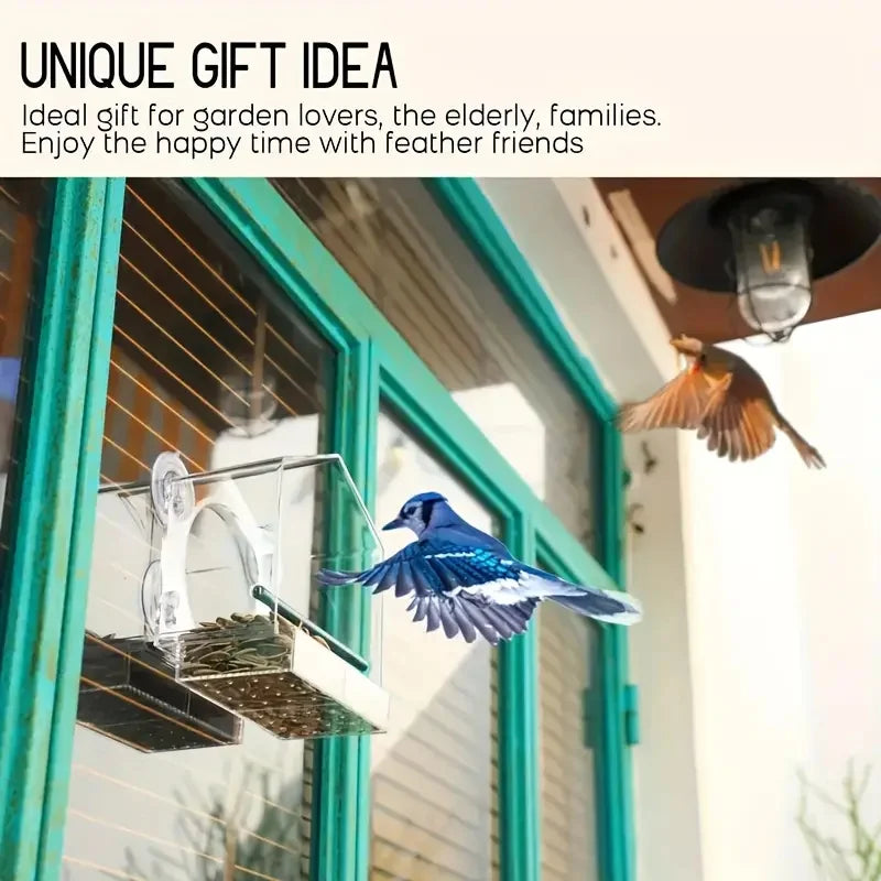Acrylic Bird Feeder Clear Window Outside Hanging Bird Feeder House with Suction Cup for Garden Outdoor Backyard Wildlife Birding
