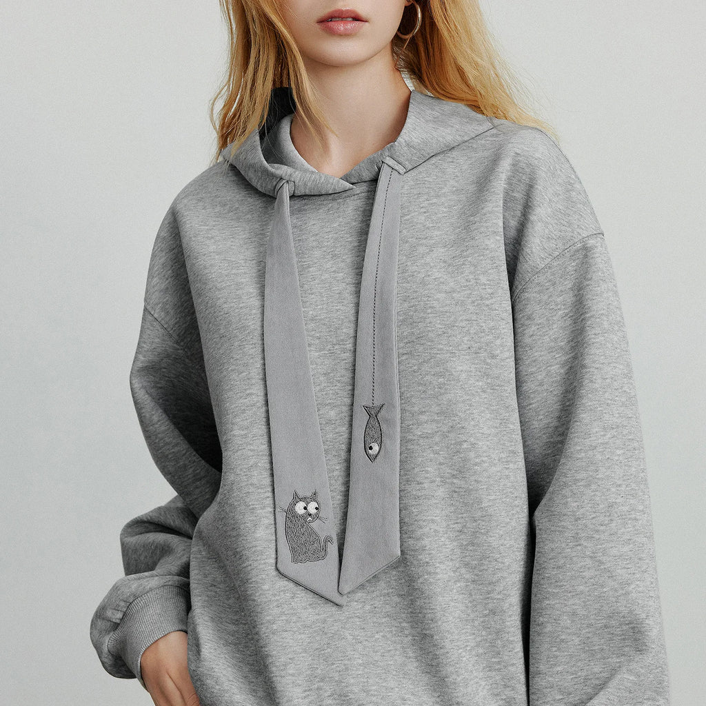 TOYOUTH Women Hoodies Sweatshirt 2025 Autumn New College Style Cat Embroidery Tie Cotton Hooded Pullover Tops