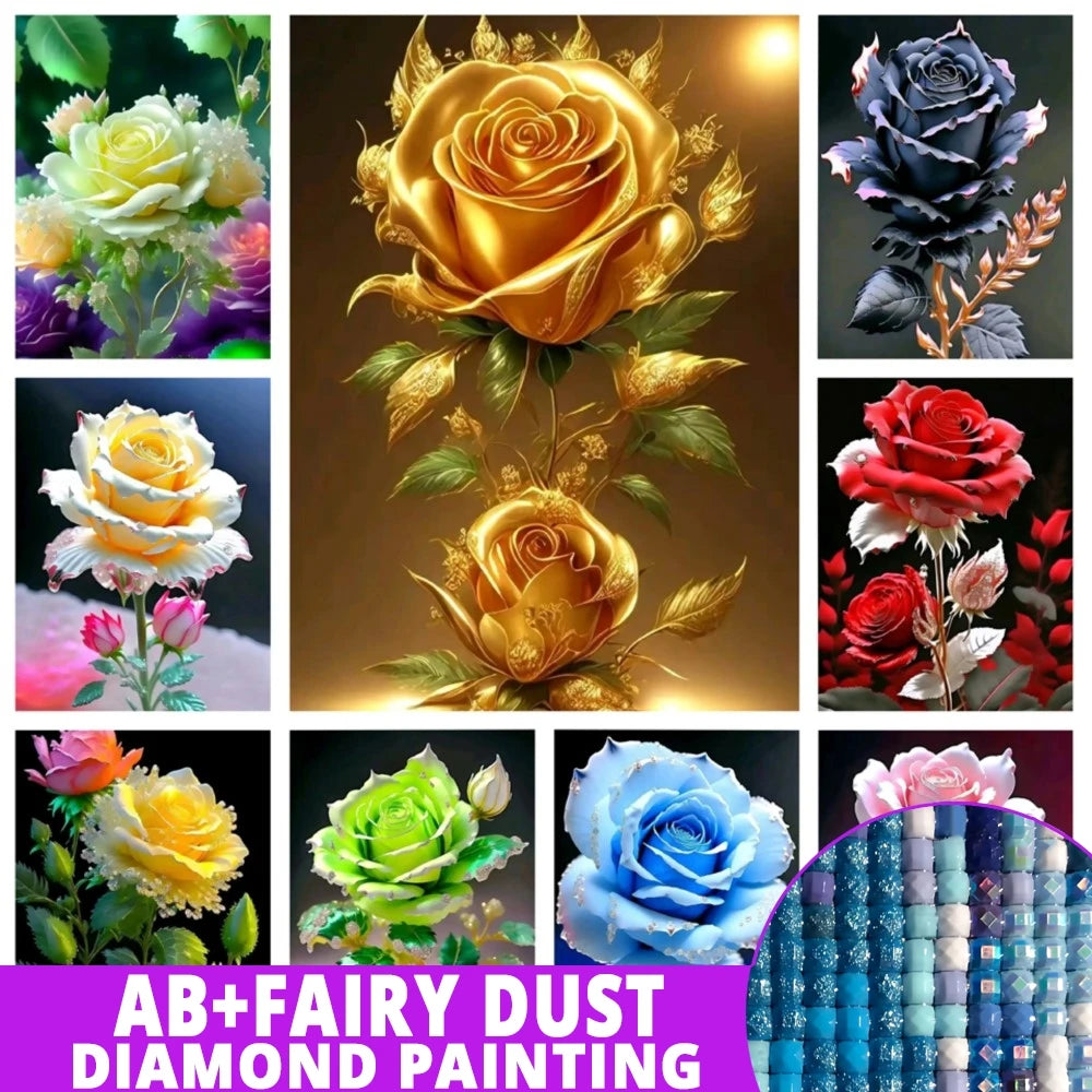 Fairy Dust AB Diy 5D Diamond Painting New Arrival 2024 Gold color Roses Full Mosaic Cross stitch Embroidery Flowers Home Decor