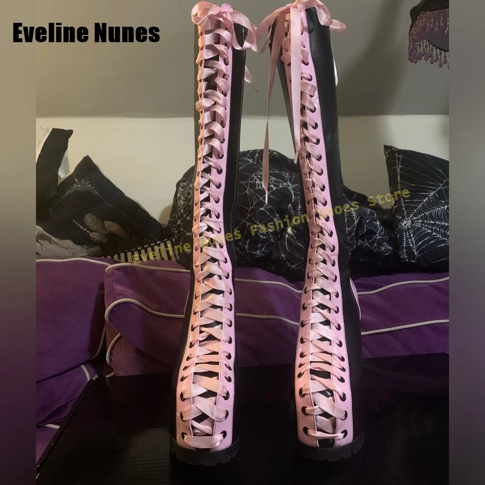 Y2K Black Pink Lace up Platform Long Boots Round Toe Gothic Chunky