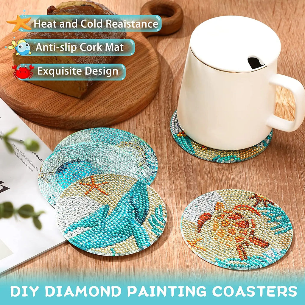 PhotoCustom 6pc/Sets Diamond Painting Coasters 5D DIY Round Diamond Mosaic Mandala Cup Coasters With Holder Kitchen Accessories