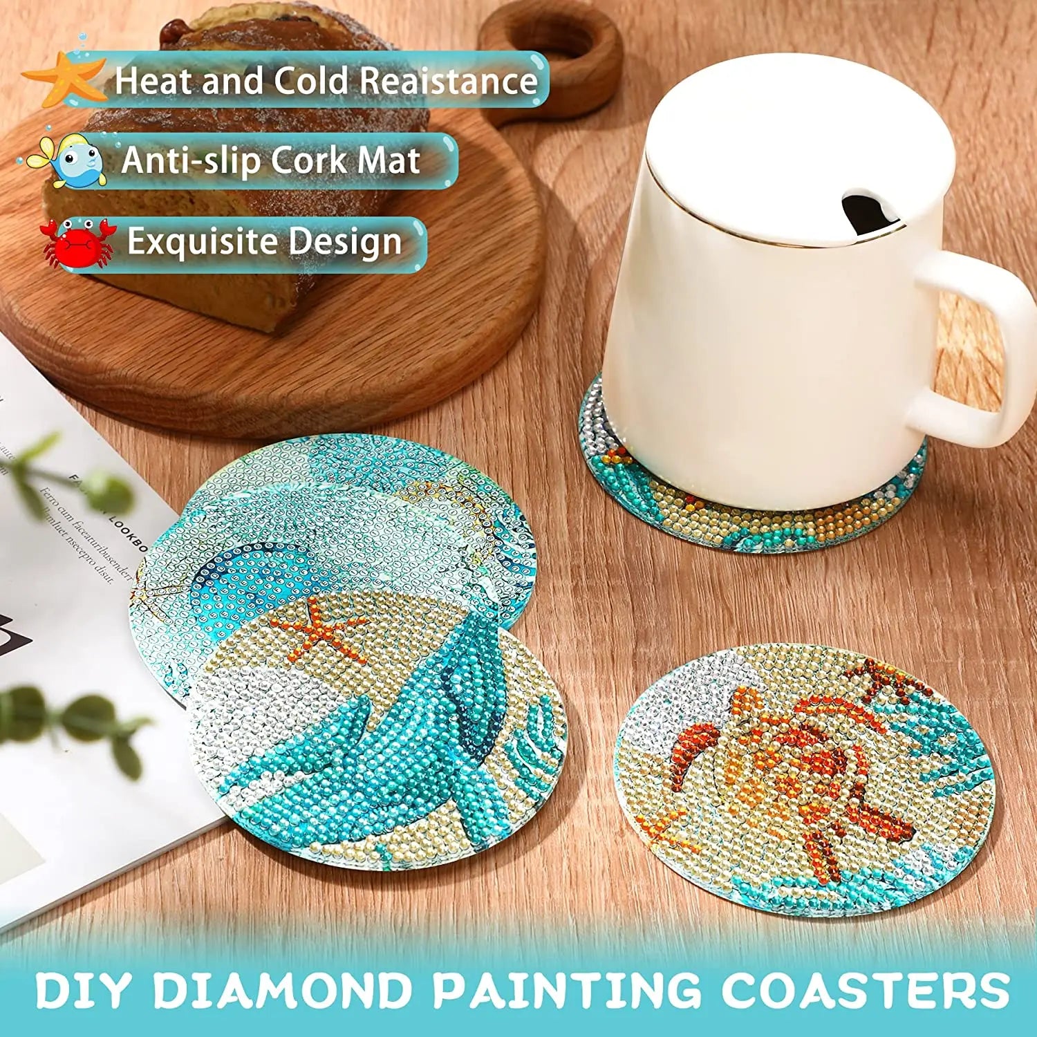 PhotoCustom 6pc/Sets Diamond Painting Coasters 5D DIY Round Diamond Mosaic Mandala Cup Coasters With Holder Kitchen Accessories
