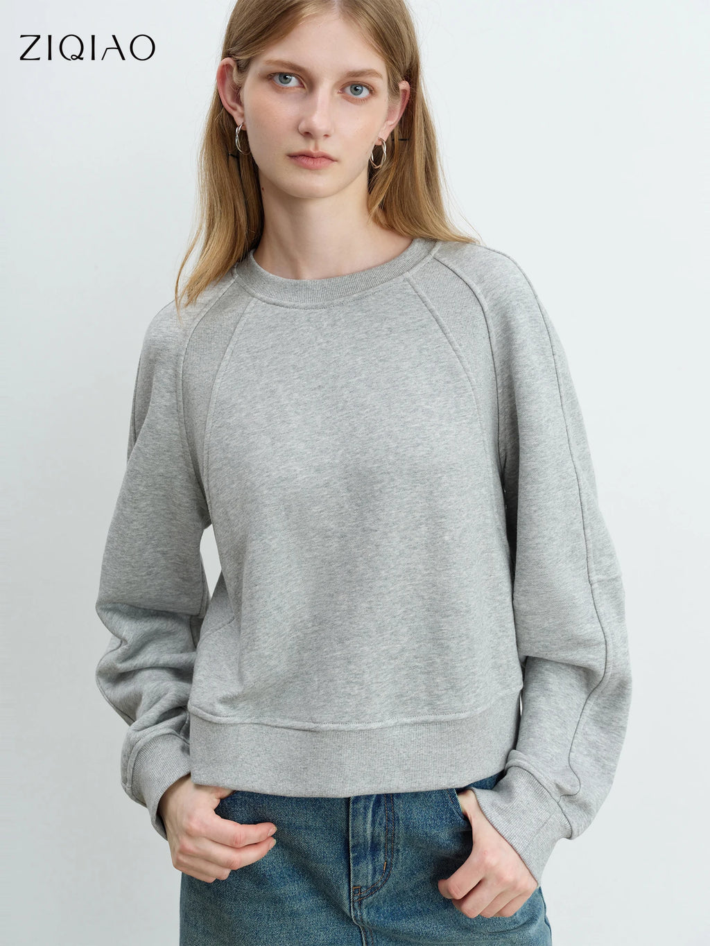 ZIQIAO Petite Sense Structure Raglan Sleeve Pullover Sweatshirt For Women 2025 Autumn New Round Neck Solid Color Top 25ZQ93075