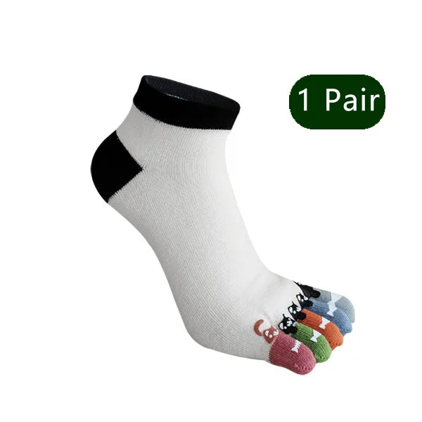 1/5 Pairs Toe Socks Women Girl Cotton White Cute Cartoon Bear Fish Print Soft Beautiful Fashions Ankle Boat Five Finger Socks