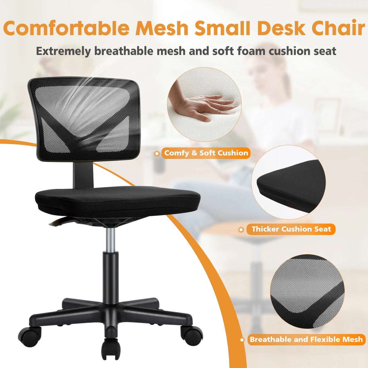 JHK Mesh with Lumbar Support Armless Office Chair Low
