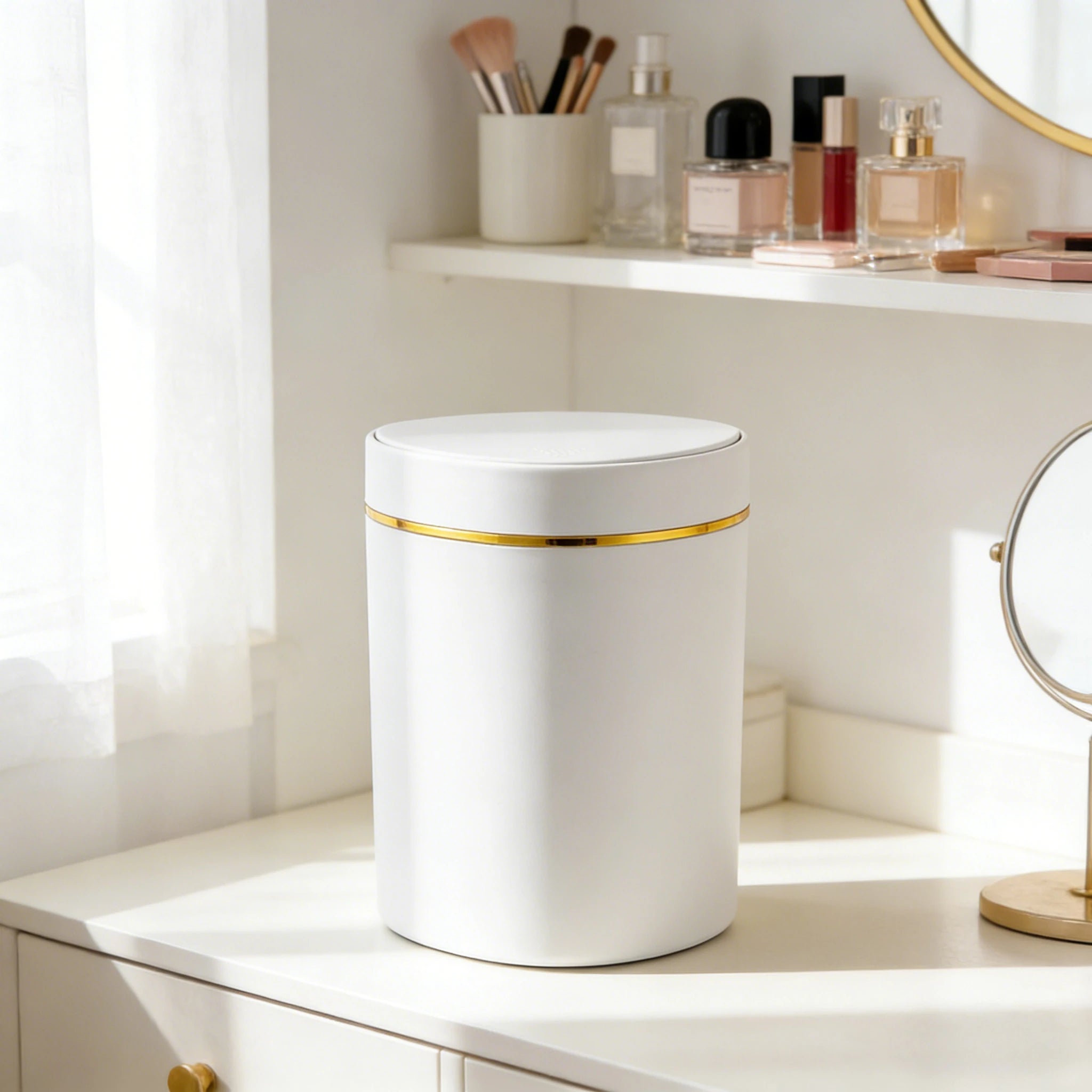 Small Trash Can with Lid Plastic Press Type Step On Wastebasket for Office Dorm Bedroom Bathroom Kitchen Car Desktop