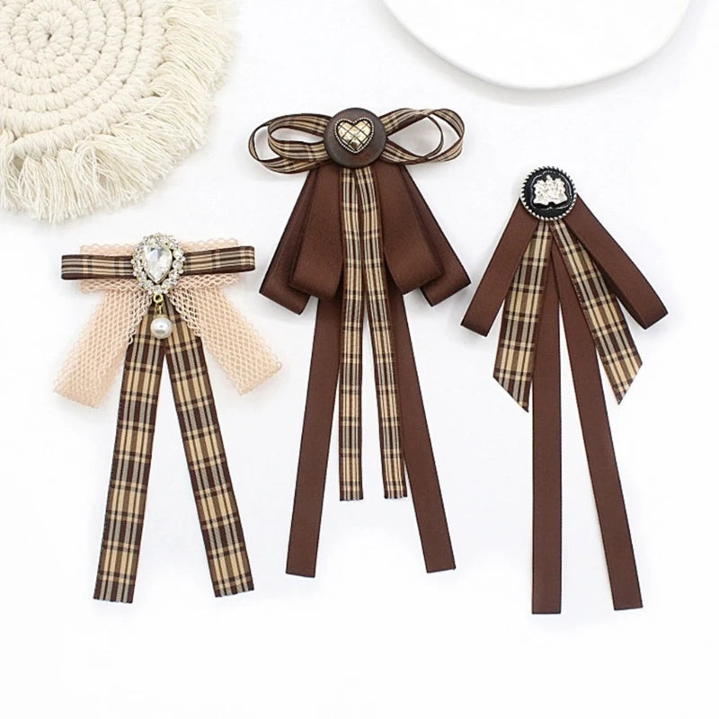 Ribbon Bowtie Brooch Pin Student Uniform Pre Tied Necktie Clip Vintage Brown Plaids Bowknot Corsage Shirt Jabot Collar