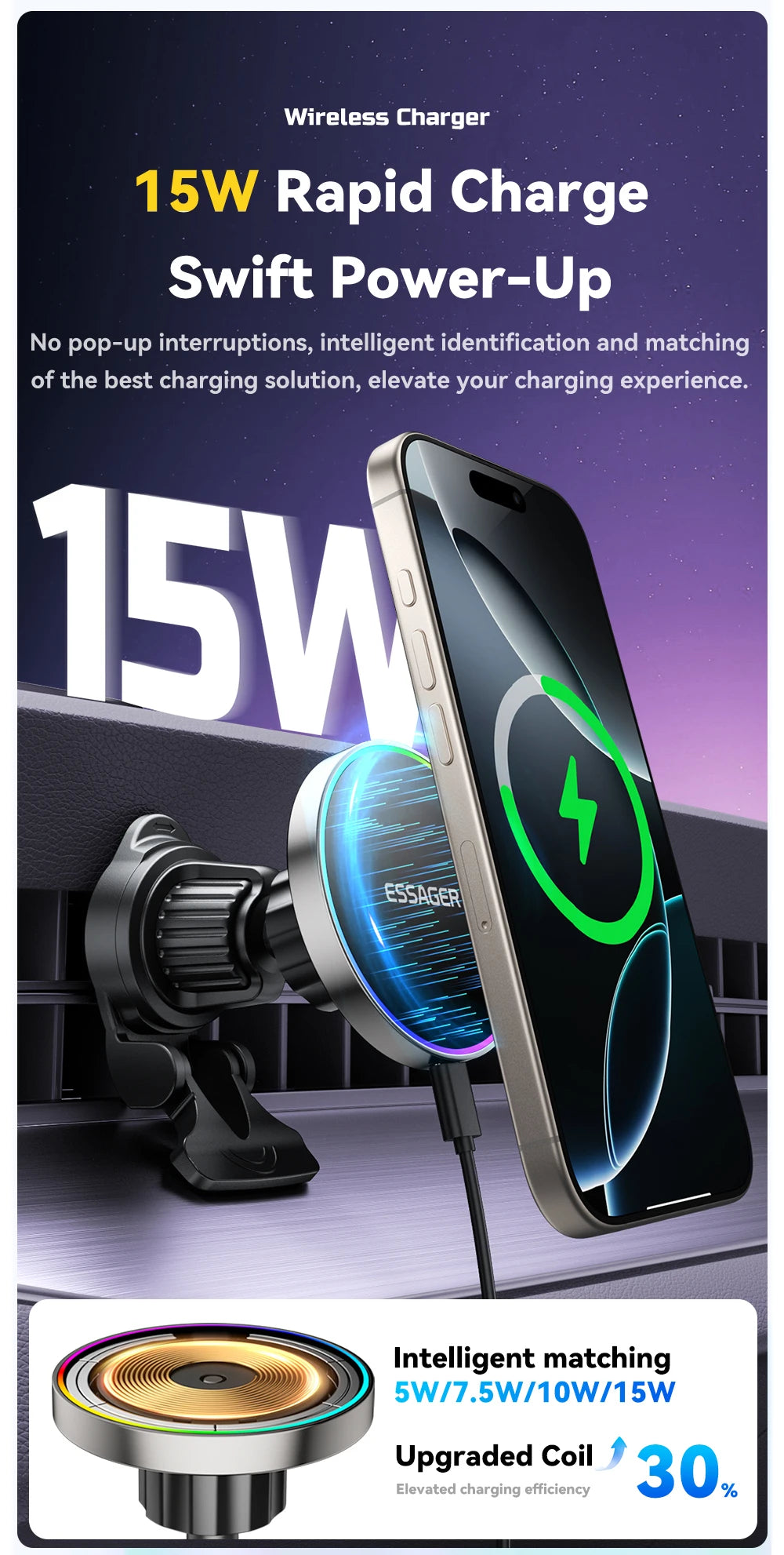 Essager 15W Car Charger Holder Adjustable 360 Degrees Fast Charging Magnetic Car Holder Wireless Charger For iPhone 16 15 14 Pro