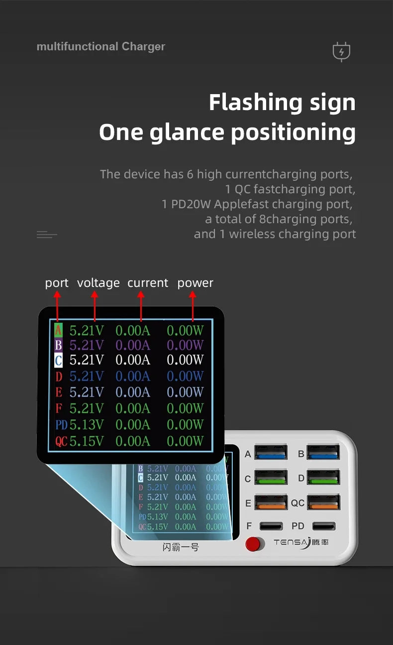 Multi-function Dianba NO.1 Pro 200W 20V 5A PD QC3.0 Fast Wireless Charger 8 Port USB Type C Mobile Phone Charger Desktop Hub