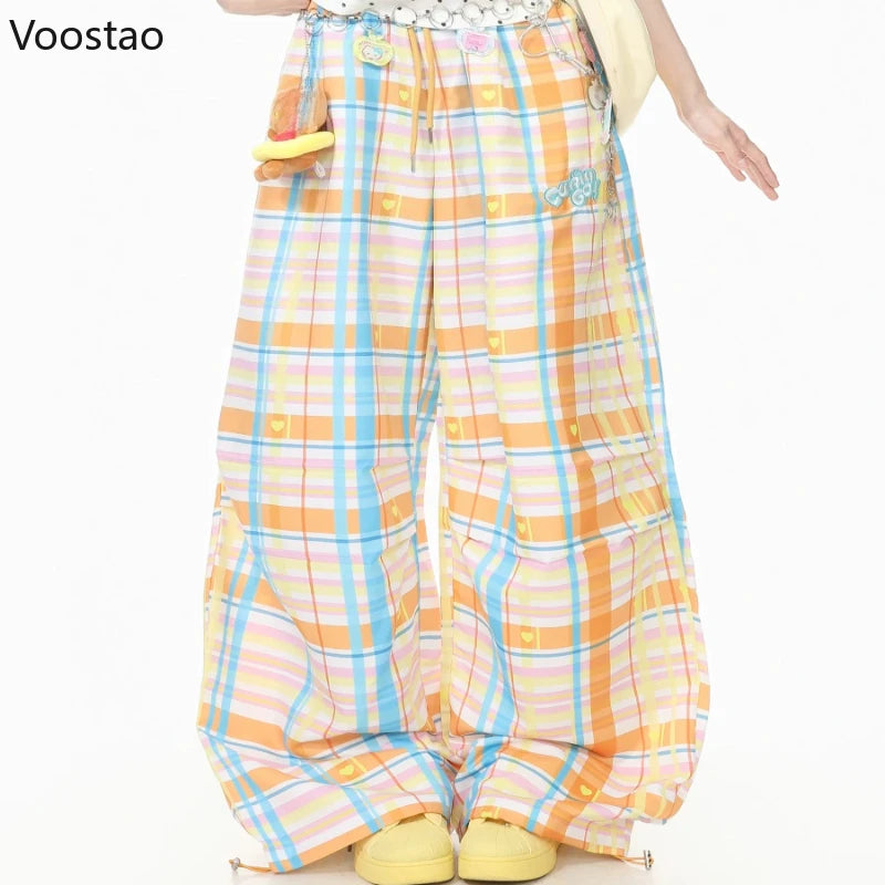 Sweet Y2K Plaid Heart Print Wide Leg Cargo Pants Women Casual Cute