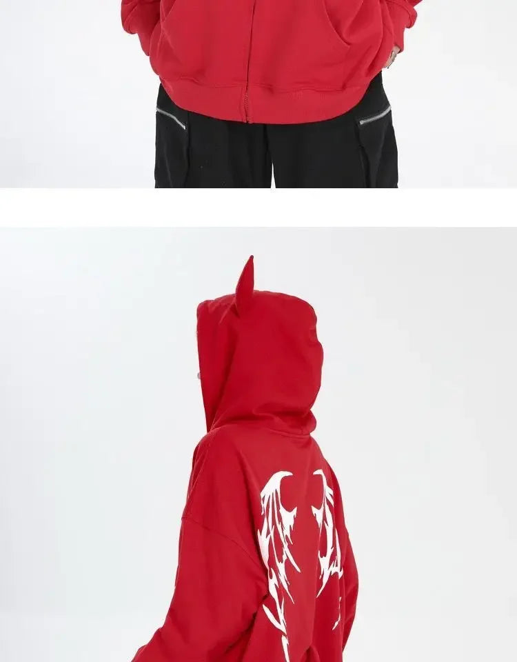 Japanese Zip Up Devil Horns Hoodies Women Harajuku Punk Gothic Sweatshirt Fairy Grunge Jacket Coat Streetwear Alt Emo Clothes