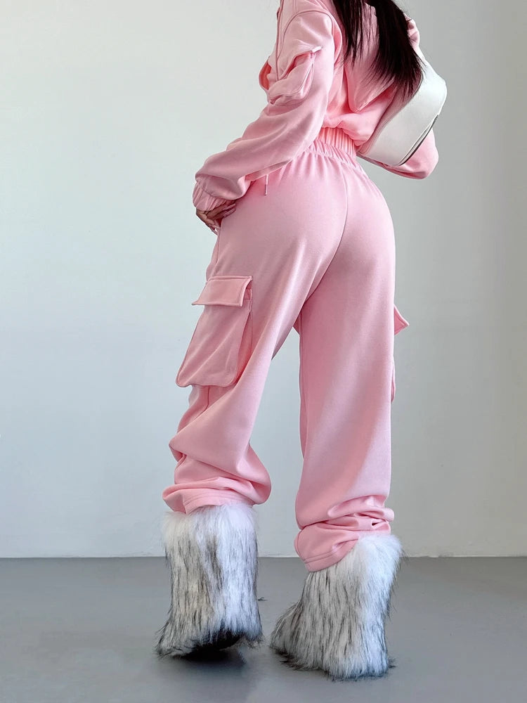 WOMENGAGA Short Zipper Sweatshirt Large Pocket Wide Leg Pants Two Piece Casual Plush Set For Winter Women Fashion Sweet 2PTB