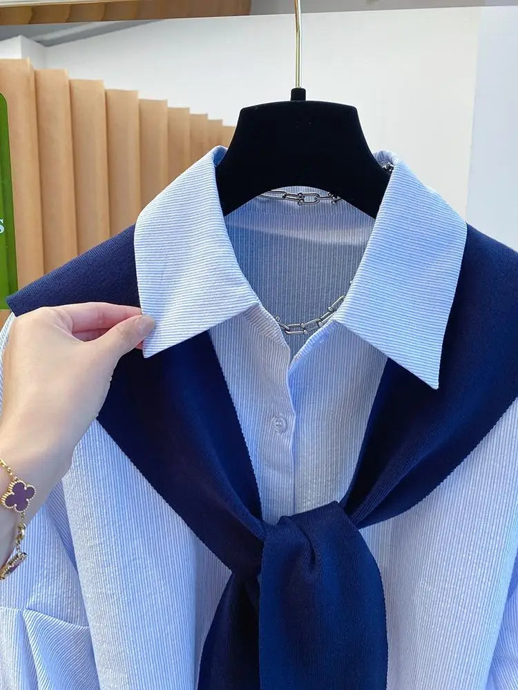 Knitted Shawl With Blue Striped Shirt For Women's Two-piece Top 2025 New Loose Layered Autumn blouse