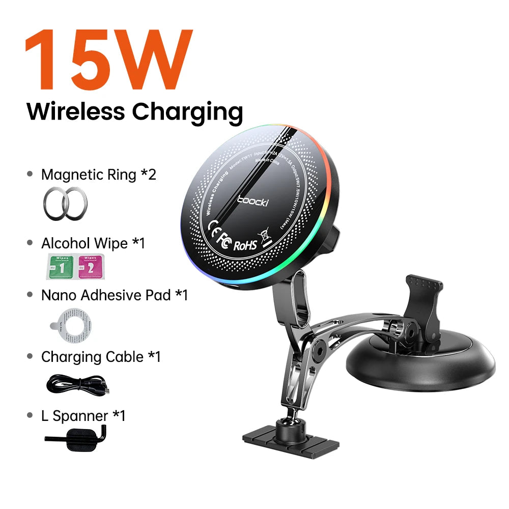 Toocki Magnetic Car Phone Holder 15W Wireless Charger Dual Pivot Mount Car Phone Stand for iPhone 17 16 15 Pro Max for Magsafe