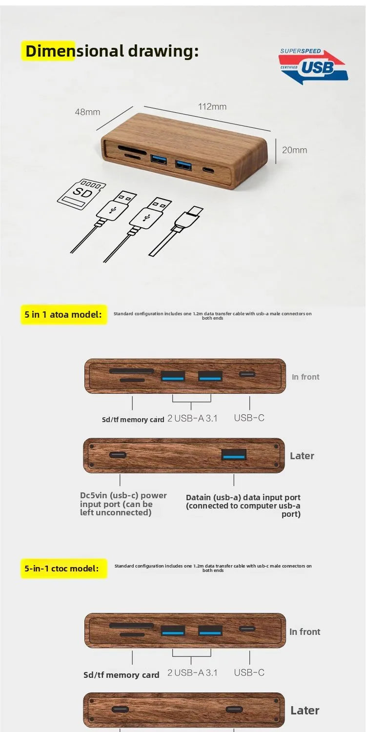Black Walnut Wood USB Hub Under Desk Organizer Premium Desktop Riser Accessory with 3.0 Ports Multi-Device Charging Station