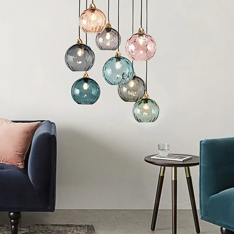 Modern Colored Glass Ball Lustre Pendant Lights Nordic Water Grain Restaurant Kitchen Hanging Light Fixture Bedroom Bedside Lamp