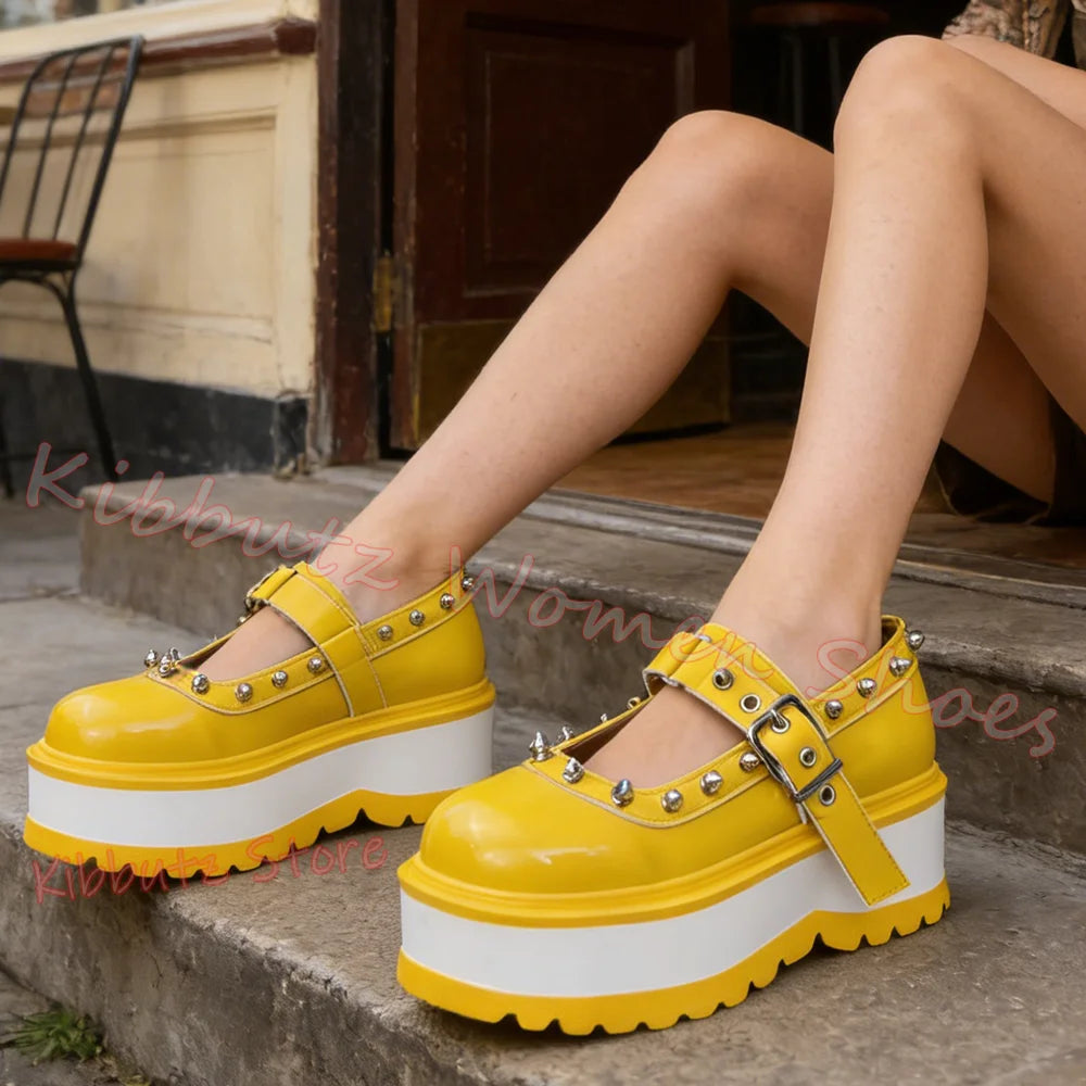 Mary Janes Pumps Platform Rivets Women Shoes Buckle-Strap