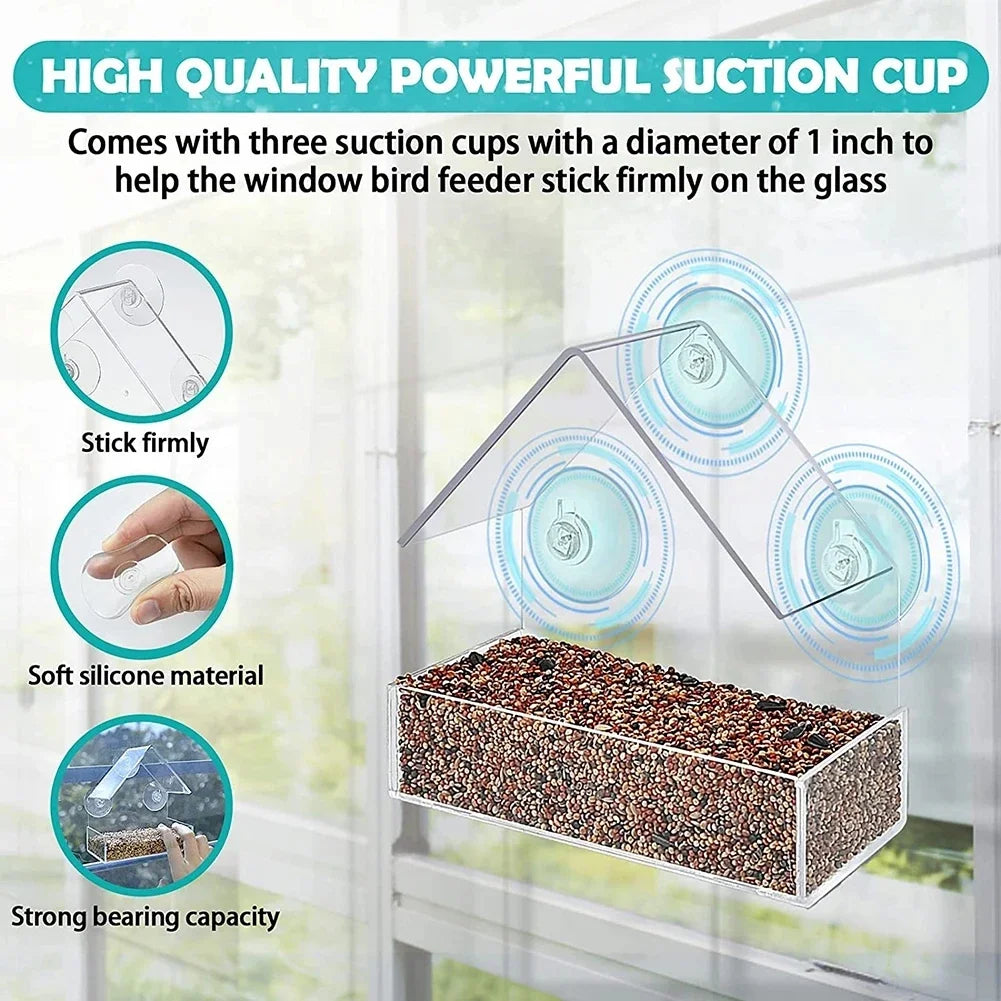 Acrylic Bird Feeder Clear Window Outside Hanging Bird Feeder House with Suction Cup for Garden Outdoor Backyard Wildlife Birding