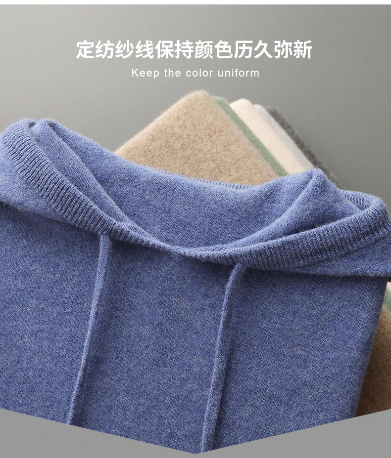 MVLYFLRT Men's 100% Merino Wool Sweater Hooded Collar Knitted Pullover Sweatshirt Autumn Winter Casual Large Tops Long Sleeved
