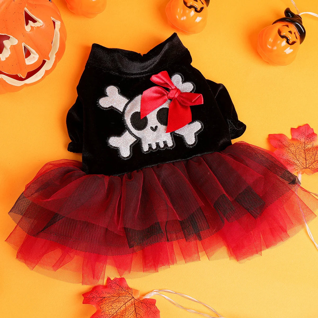 Halloween Pirate Wedding Dress Pet Clothes Dog Cat Black Thermal Dress Funny Red Skull Splicing Open Button Dress