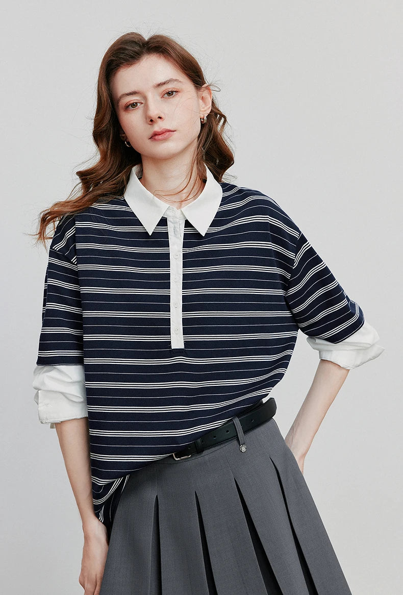 TOYOUTH Women Hoodies Sweatshirt 2025 Autumn New Spliced Fake Two Piece Polo Collar Striped Casual Pullover Tops
