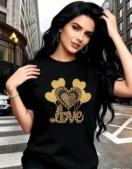 Leopard Love Heart T Shirt Women Cute Balloon Graphic