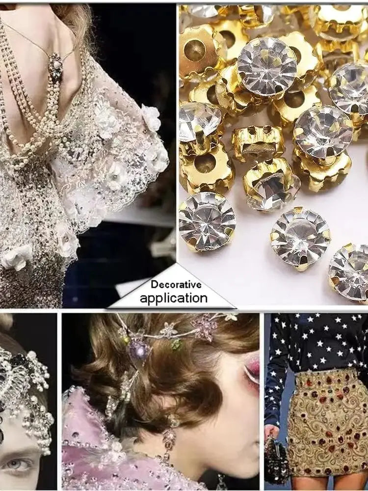 100 Stitching Rhinestones with Gold Claws 6 Sizes Gold Round Stitching Rhinestones for Sewing Crafts Jewelry Making