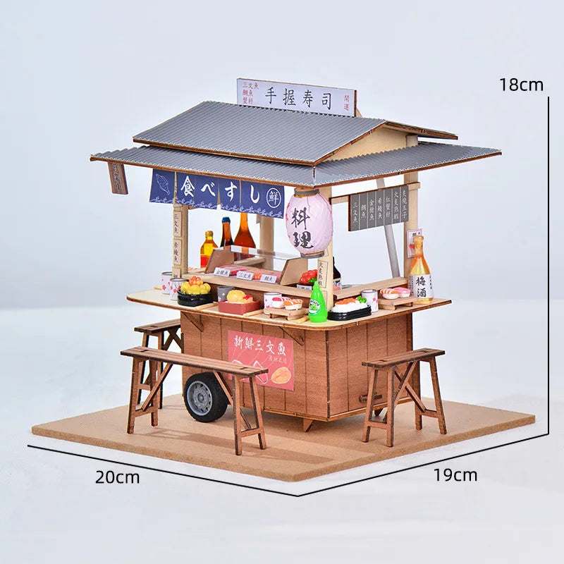 16 DIYJapanese Chinese style handmade wooden doll house Oden cooking car stall creative birthday gift collector decoration