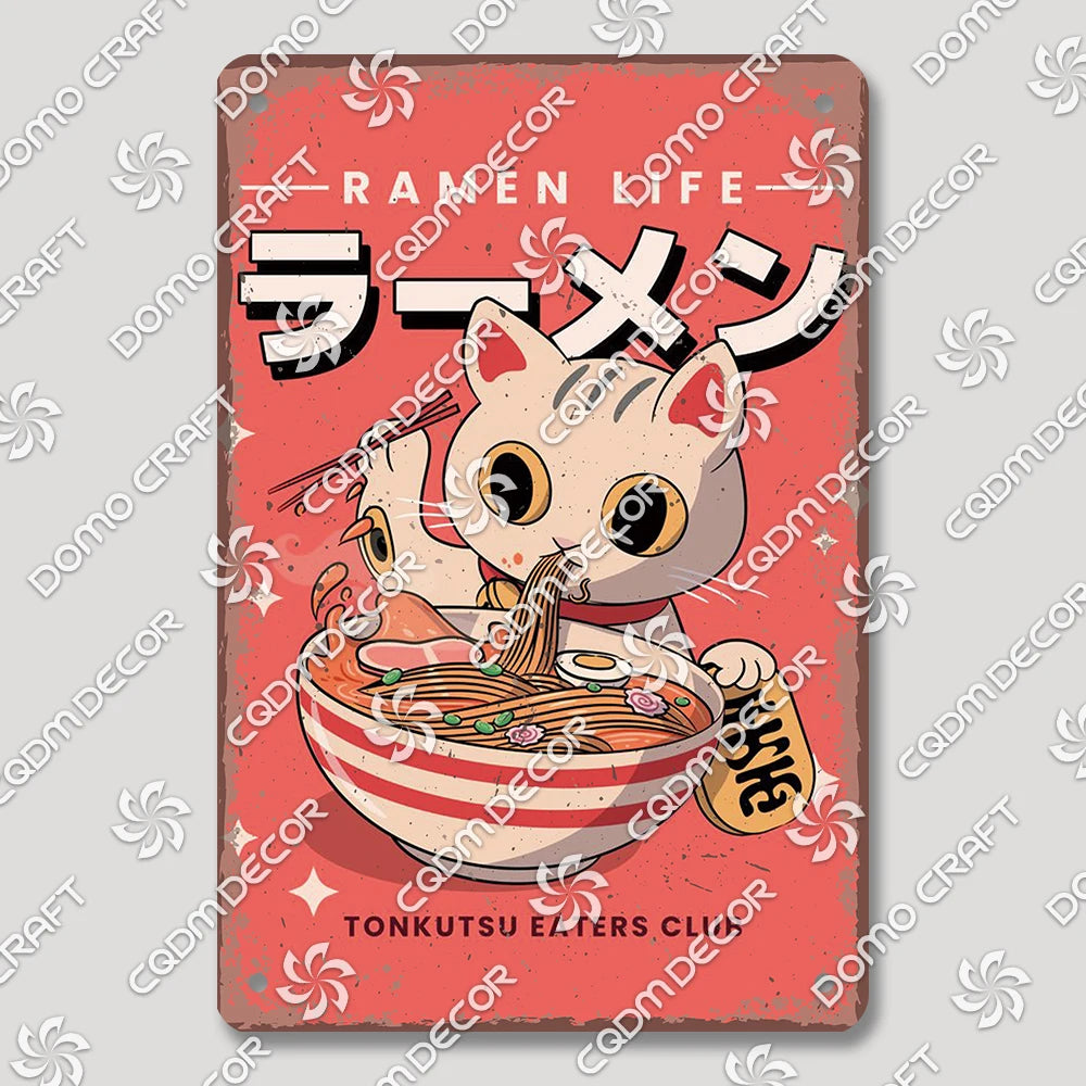 Cartoon Cat Japanese Food Plaque Tin Sign Retro Ramen Sushi Takoyaki Poster Metal Plates Bar Pub Restaurant Kitchen Wall Decor