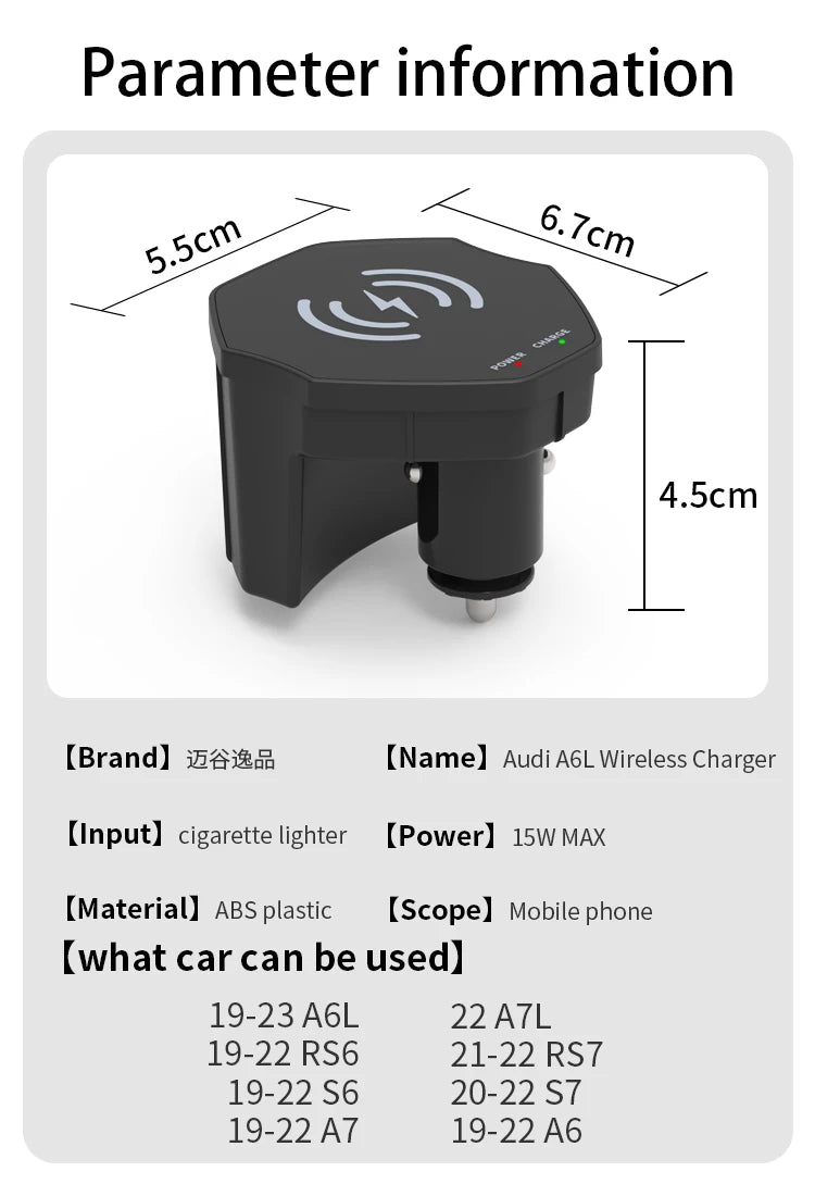 Wireless Charger For Audi A6 A7 S6 S7 C8  2019-2023 Cigarette Lighter Car Charger 15W Car Mobile Phone QI Fast Charging