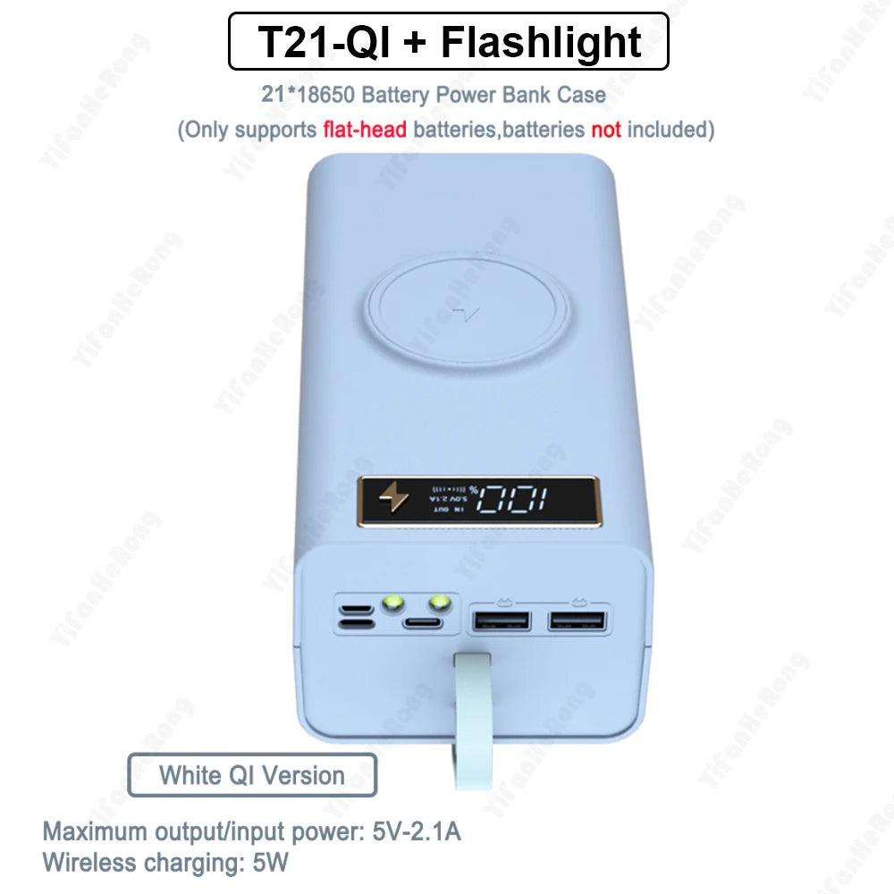 Dual USB 21*18650 Power Bank Battery Box Support Quick & Wireless Charger DIY Shell Case 18650 Battery Storage Box Holder