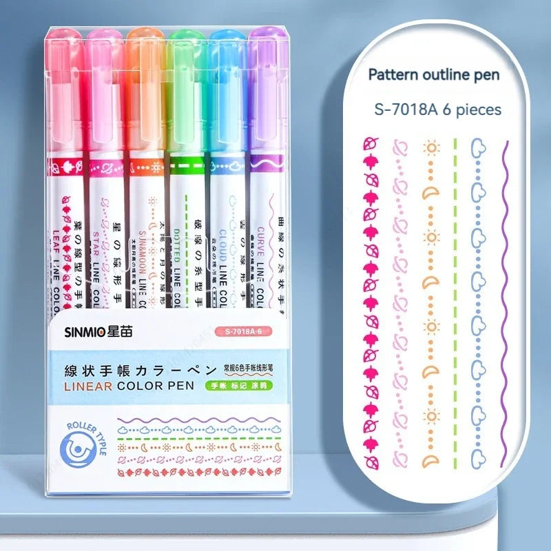 6pcs/set Flower Line Shape Highlighter Pen Roller Tip Curve Liner